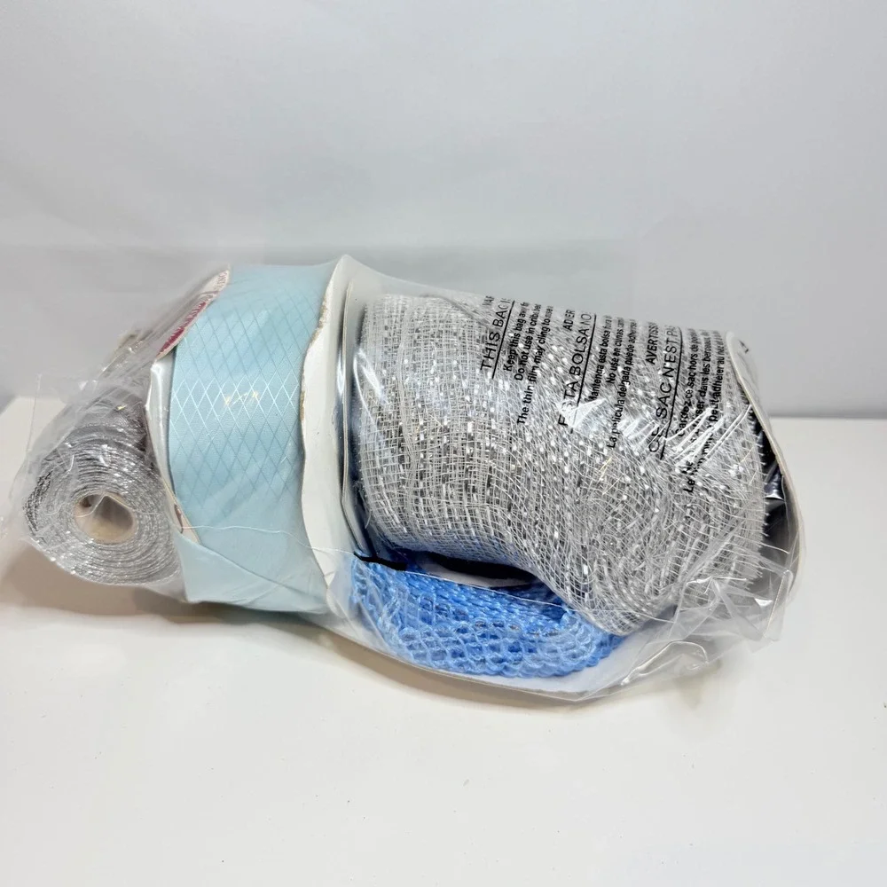 Blue Silver Craft Ribbon Trim Lot Deco Mesh Braided Cord Metallic 6pc Crafting